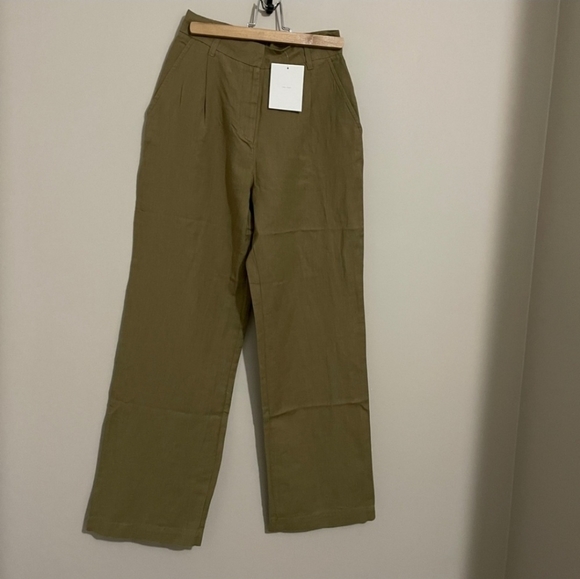 Oak + Fort Linen High-Rise Trouser Pants Olive Neutral Basic - Picture 2 of 9